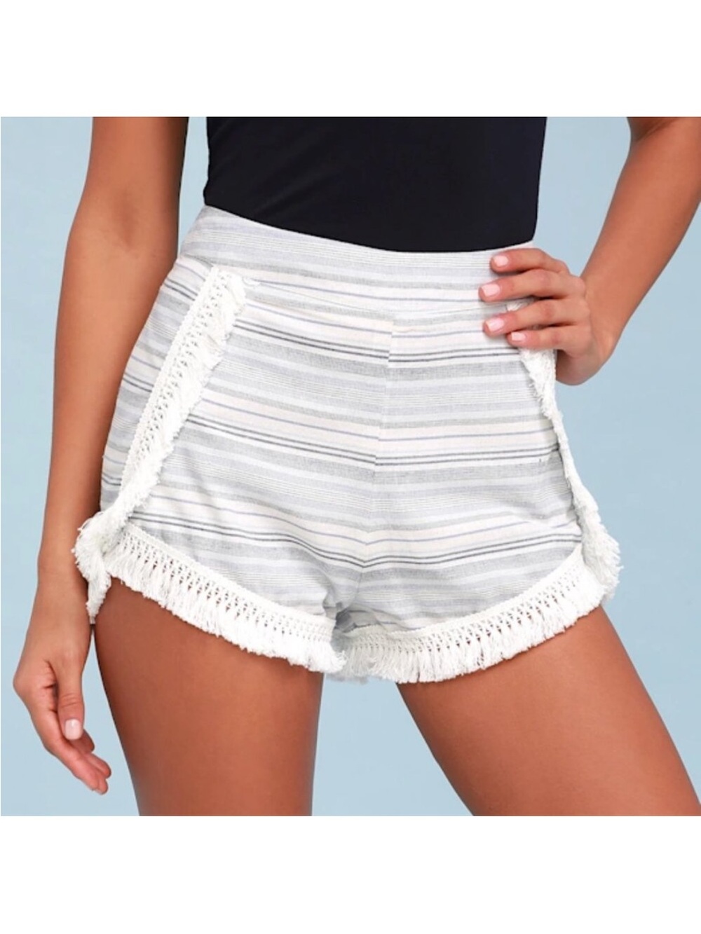 Lulu's Beige and Gray Striped Fringe Trim Shorts